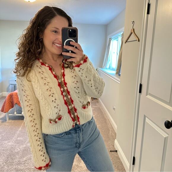 Maje White Red Brown Eyelet Alpaca Wool Cardigan Sweater 2 Medium - Picture 2 of 15